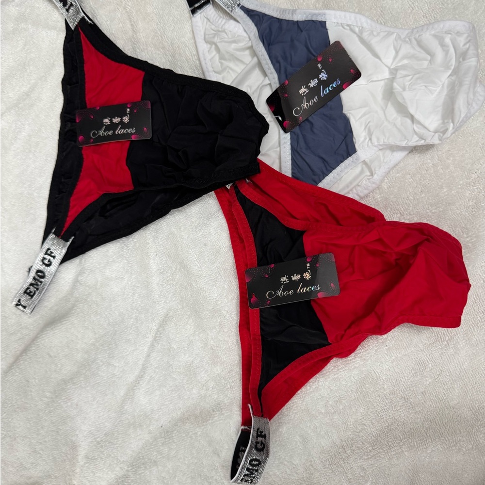Set of Three Lace Trim bikini - Black, Red, White 3 pieces together.